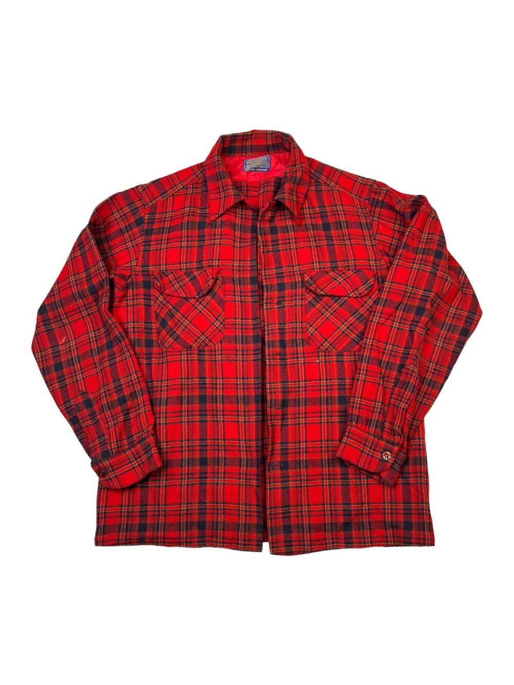 Pendleton VTG 60s Plaid Wool Board Shirt Loop Collar Flap Pocket FLAW Red Medium